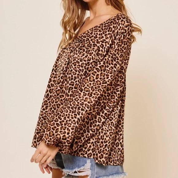 012 Boho Leopard Print Loose Fit Babydoll Top - Picture 6 of 6